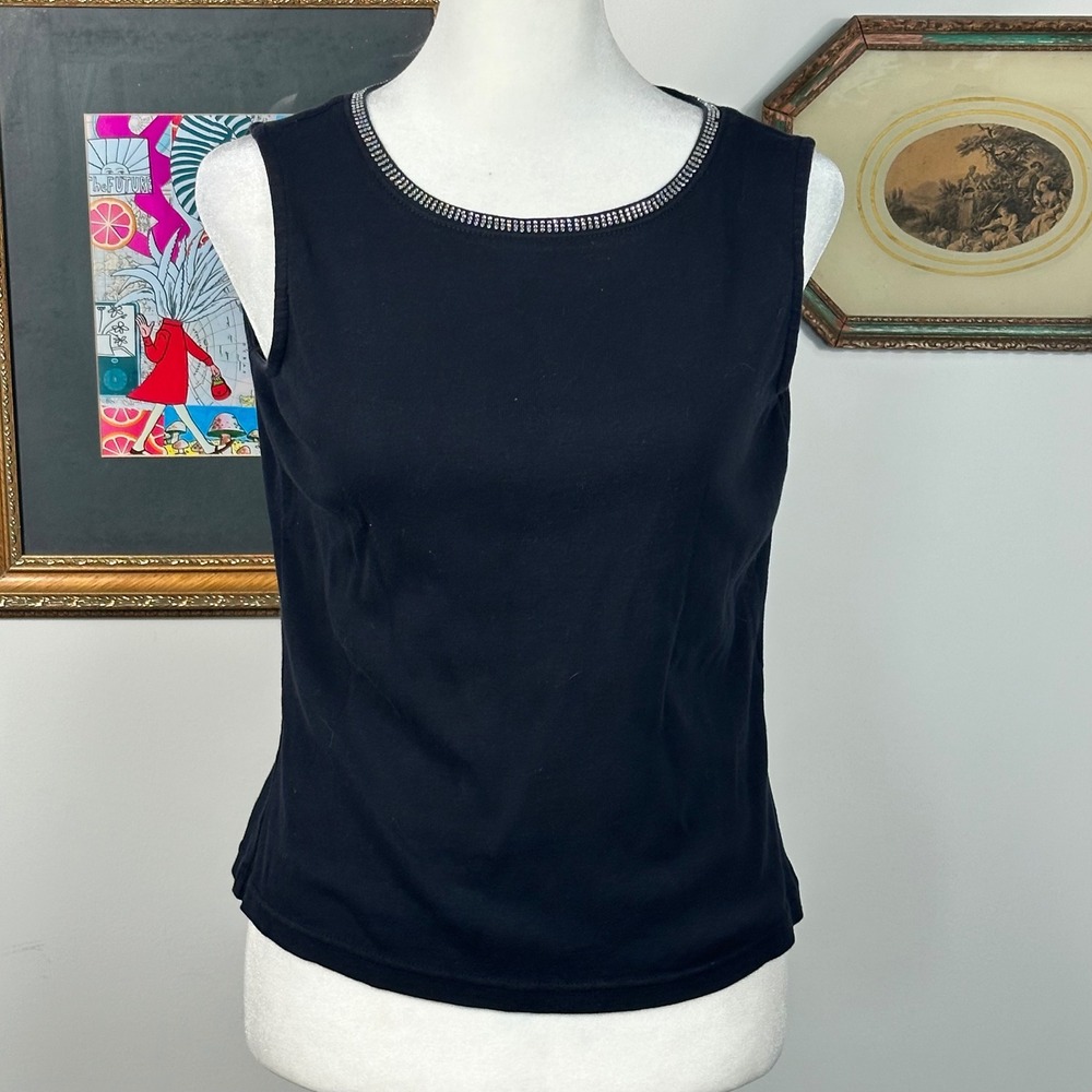 Talbots Black Tank Top w/ Rhinestone Neckline - SIZE est. S/M Petites Y2K